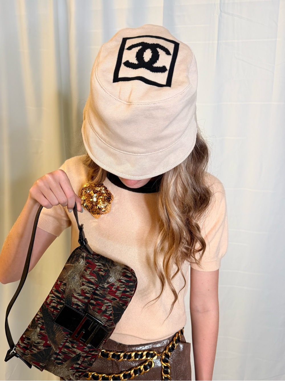 Chanel CC Logo Knit Bucket Hat Beige & Black, Made in France